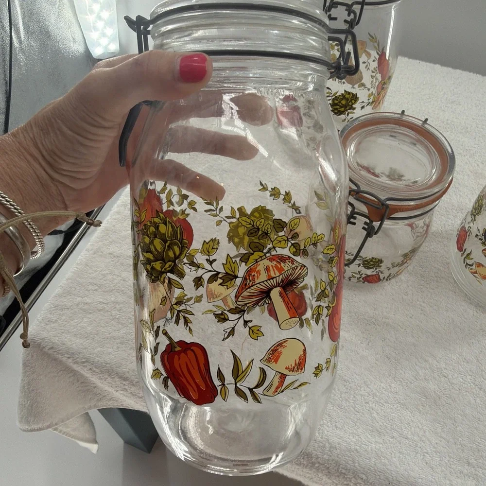 ARC France Vintage Spice Of Life Mushroom Veg Glass Canister Jar Set Of 4 1970s